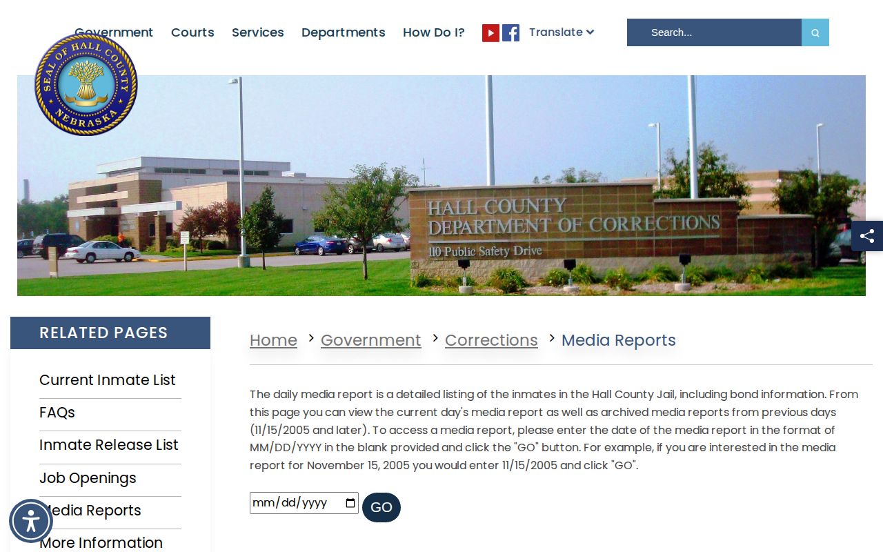 Hall County Corrections historical booking report date search