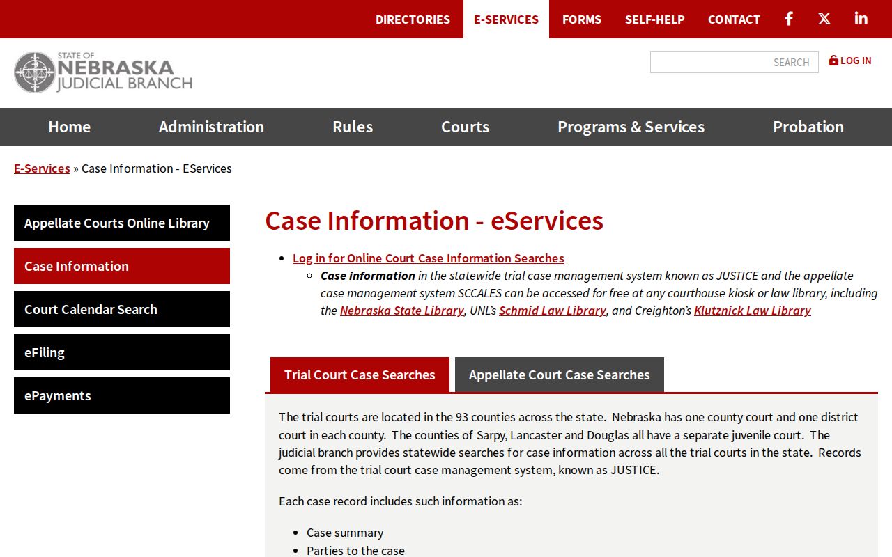 Hall County court disposition record search through Nebraska JUSTICE